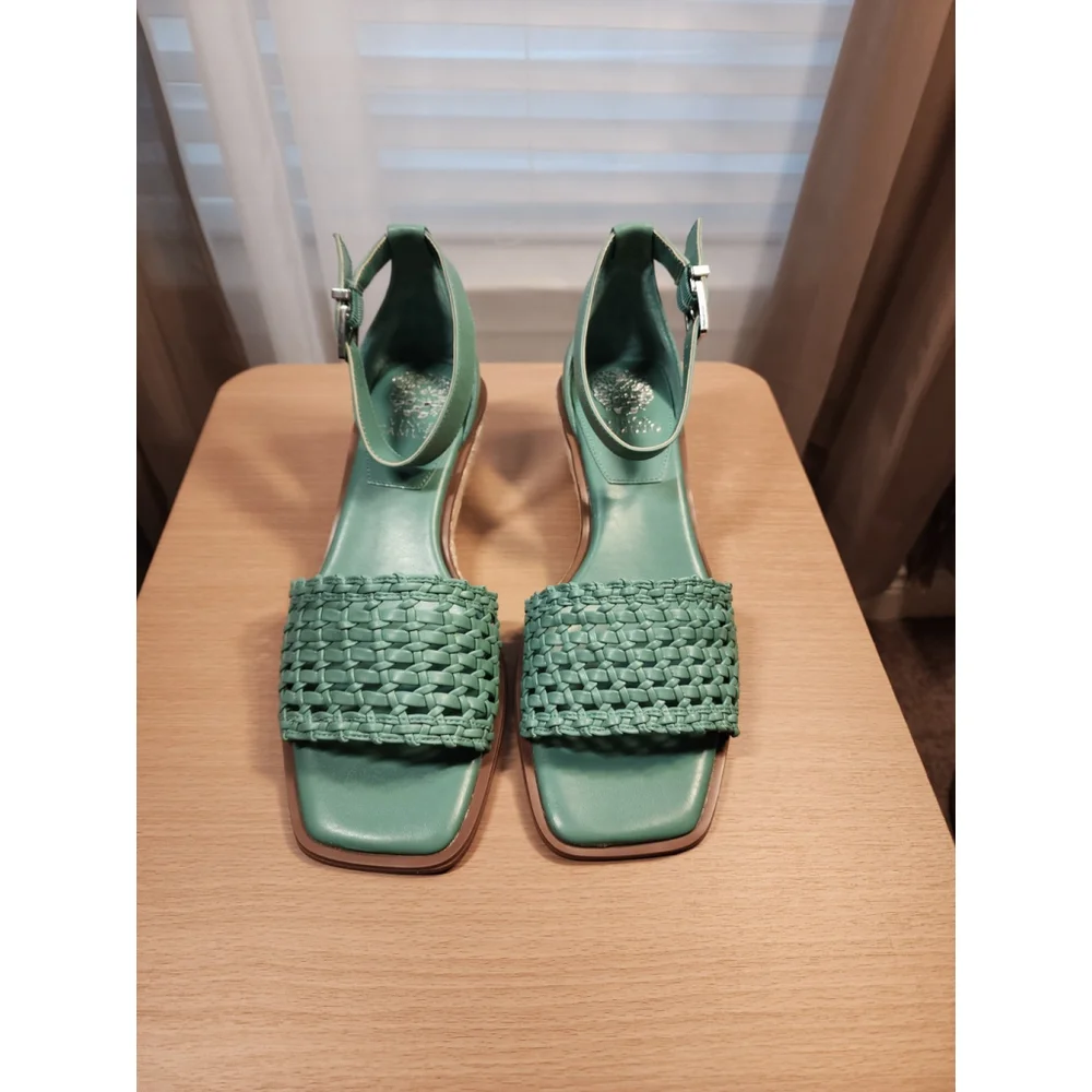 Vince Camuto OCEANA GREEN Leather Net Low Ankle Strap Espadrille Wedge SZ 9 Wide